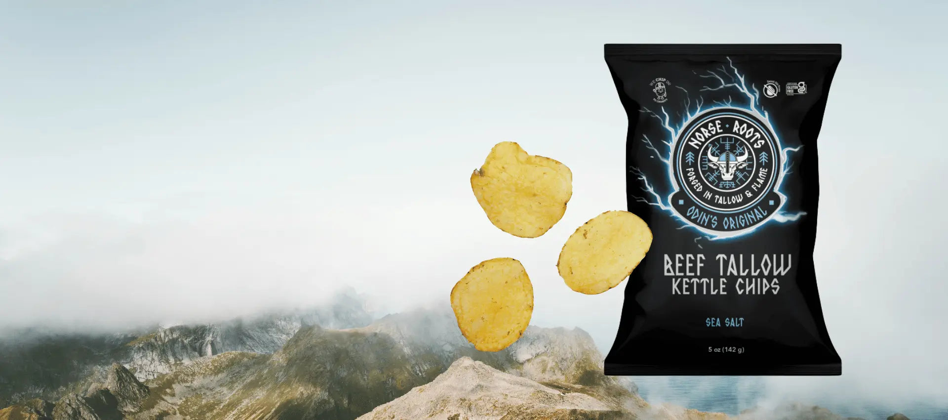 Norse Roots Beef tallow potato chips with a black packaging bag featuring a logo on a mountainous background.