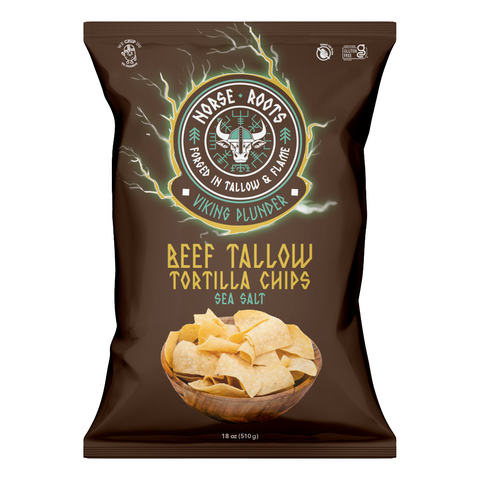 Bag of Norse Roots Beef Tallow Tortilla Chips with branding and logo