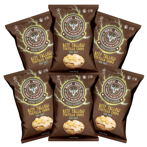 Multiple packages of Norse Roots beef tallow tortilla chips on a white background