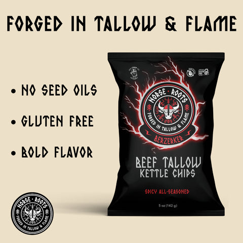 Norse Roots Beef tallow kettle chips packaging with branding and product details on a beige background calling out no seed oils, gluten free, bold flavor