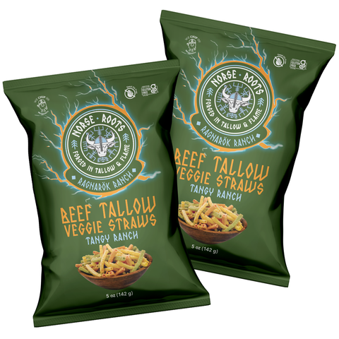 two bags of Norse Roots beef tallow veggie straws on a white background