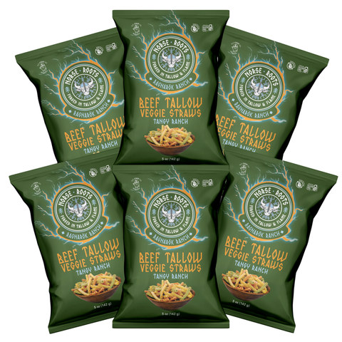 Multiple packages of Norse Roots Beef Tallow Veggie Straws on a white background