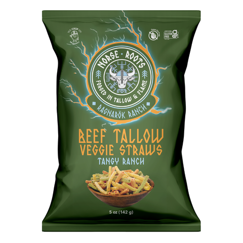 Green package of Norse Roots Beef Tallow Veggie Straws on a white background