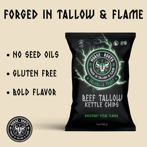 Norse Roots Valhalla Feast Rosemary Steak Beef tallow kettle chips packaging with branding and product callouts no seed oils gluten free