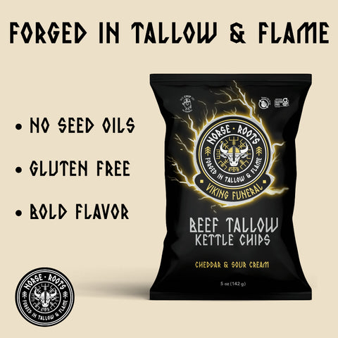 Norse Roots Beef tallow kettle chips packaging with Viking Funeral cheddar and sour cream callouts about no seed oils, gluten free, and bold flavor