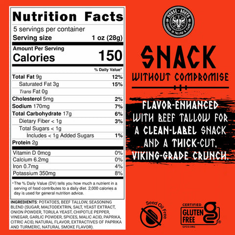 A nutrition label for Norse Roots Berzerker spicy all-seasoned flavored chips that are 150 calories for a 1oz serving, listed on a red highlight chart that reads "Snack without compromise | flavor-enhanced with beef tallow for a clean label snack and a thick-cut viking-grade crunch."