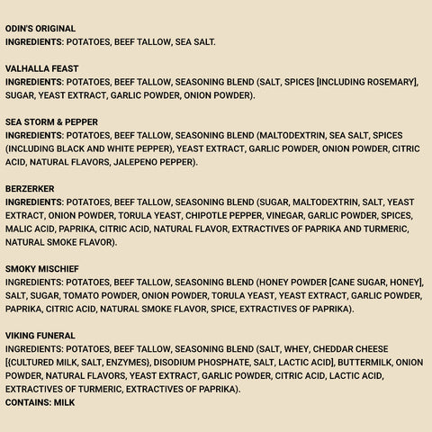 Norse Roots beef tallow chips variety pack ingredients list for all 6 flavors