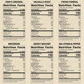 Six beef tallow chip flavor nutrition fact label cards arranged in a grid on a white background. The labels read Odin's Original, Valhalla Feast, Viking Funeral, Berzerker, Smoky Mischief, and Sea Storm & Pepper, each showing nutrition facts for 5 servings with 150 calories.