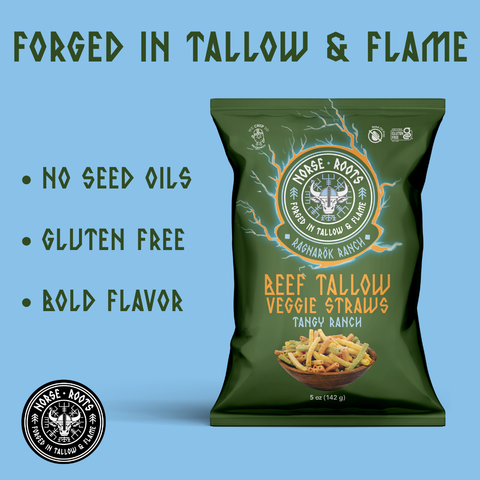 Green package of beef tallow veggie straws with Norse Roots branding and text on a blue background