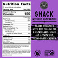 A nutrition label for Norse Roots sea salt and black pepper chips that are 150 calories for a 1oz serving, listed on a bright purple highlight chart that reads "Snack without compromise | flavor-enhanced with beef tallow for a clean label snack and a thick-cut viking-grade crunch.