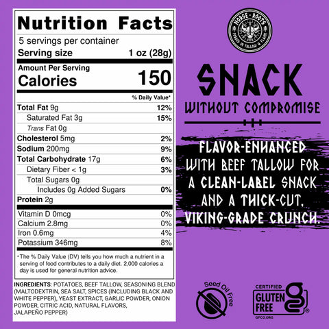 A nutrition label for Norse Roots sea salt and black pepper chips that are 150 calories for a 1oz serving, listed on a bright purple highlight chart that reads "Snack without compromise | flavor-enhanced with beef tallow for a clean label snack and a thick-cut viking-grade crunch.