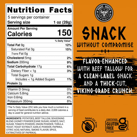 A nutrition label for Norse Roots Smoky Mischief Honey BBQ beef tallow chips that are 150 calories for a 1oz serving, listed on a bright orange highlight chart that reads "Snack without compromise | flavor-enhanced with beef tallow for a clean label snack and a thick-cut viking-grade crunch.