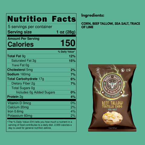 Nutrition facts label and package of beef tallow tortilla chips on a green background