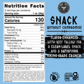 A nutrition label for Norse Roots beef tallow veggie straws that are 130 calories for a 1oz serving, listed on a bright blue highlight chart that reads "Snack without compromise | flavor-enhanced with beef tallow for a clean label snack and a thick-cut viking-grade crunch.