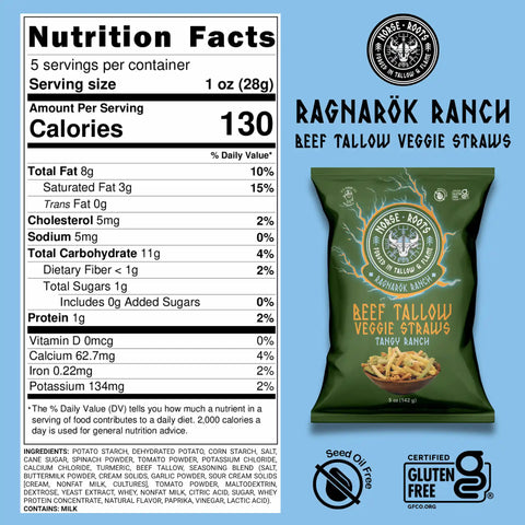 Nutrition facts panel and product packaging for Ragnarök Ranch Beef Tallow Veggie Straws, shown on a light blue background with the product bag and a serving size label.