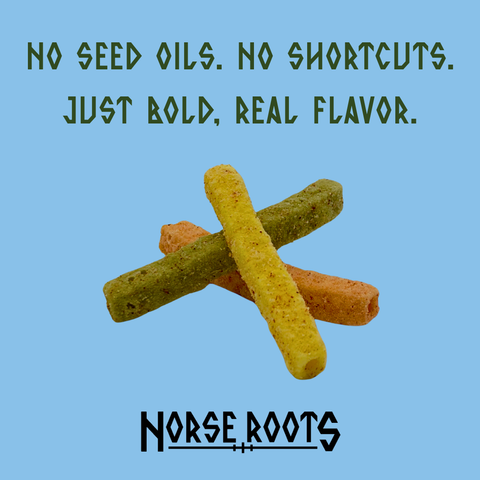 Three veggie sticks on a blue background with text and 'Norse Roots' branding.
