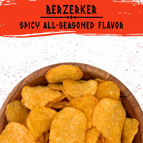 A bowl of savory, crunchy, Norse Roots Berzerker beef tallow potato chips that have a spicy, all-seasoned flavor.