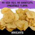A pile of seasoned potato chips with salt and black pepper, set against a graphic background with a purple top banner reading 'NO SEED OILS. NO SHORTCUTS. UNBEATABLE FLAVOR.'
