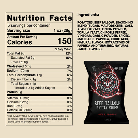 Nutrition facts label and packaging of Berzerker spicy all seasoned beef tallow kettle chips on a beige background