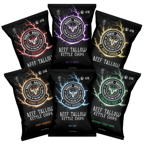 Six bags of Norse Roots beef tallow chips in various flavors