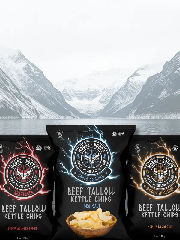 Three packages of Norse Roots beef tallow potato chips with a mountainous background