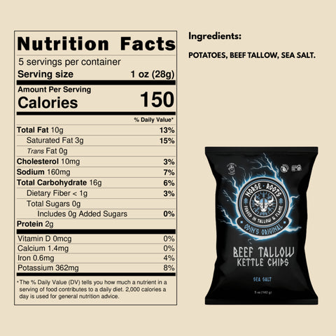 Nutrition facts label and packaging of Norse Roots beef tallow chips in Odin's Original sea salt flavor