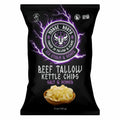 A 5 oz bag of Norse Roots Beef Tallow Kettle Chips in the 'Sea Storm & Pepper' salt & pepper flavor, in black and purple packaging against a white background