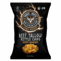 A 5 oz bag of Norse Roots Beef Tallow Kettle Chips in the 'Smoky Mischief' honey bbq, in black and orange packaging placed against a white background