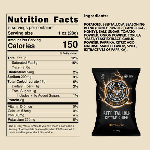 Nutrition facts label and packaging of beef tallow kettle chips for Norse Roots smoky mischief honey barbeque flavor