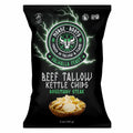 A 5 oz bag of Norse Roots Beef Tallow Kettle Chips in the Rosemary Steak flavor. The packaging is black with a prominent circular green and white logo featuring a bull skull and lightning bolts, with white and green text and a bowl of potato chips at the bottom.