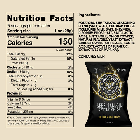 Nutrition facts label and packaging of beef tallow kettle chips for Norse Roots Viking Funeral cheddar and sour cream flavor