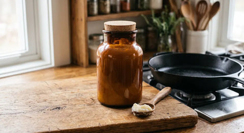 jar of beef tallow used for cooking Norse Roots potato chips