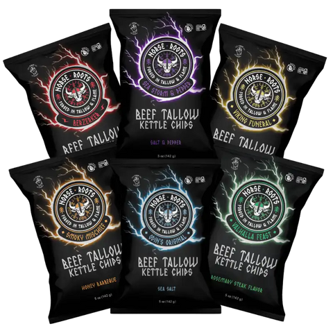 variety pack of 6 bags of Norse Roots beef tallow chips