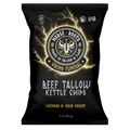 Norse Roots beef tallow potato chips in a black bag with Viking Funeral cheddar & sour cream flavor