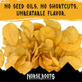 A pile of Norse Roots Viking Funeral cheddar & sour cream beef tallow chips, set against a graphic background with a yellow top banner reading 'NO SEED OILS. NO SHORTCUTS. UNBEATABLE FLAVOR.'