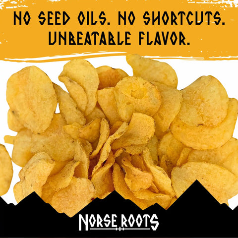 A pile of Norse Roots Viking Funeral cheddar & sour cream beef tallow chips, set against a graphic background with a yellow top banner reading 'NO SEED OILS. NO SHORTCUTS. UNBEATABLE FLAVOR.'
