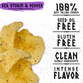 A colorful highlight chart for Norse Roots salt and pepper potato chips that reads "100% beef tallow cooked, seed oil free, gluten free, clean simple ingredients, intense flavor"