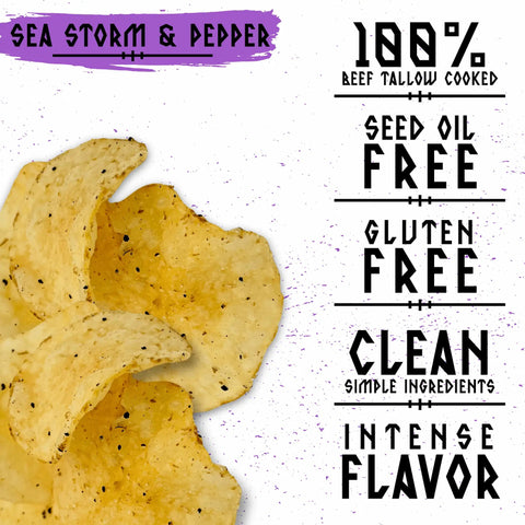 A colorful highlight chart for Norse Roots salt and pepper potato chips that reads "100% beef tallow cooked, seed oil free, gluten free, clean simple ingredients, intense flavor"