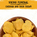 A bowl of savory, crunchy, Norse Roots Viking Funeral beef tallow potato chips that have a cheddar and sour cream flavor.
