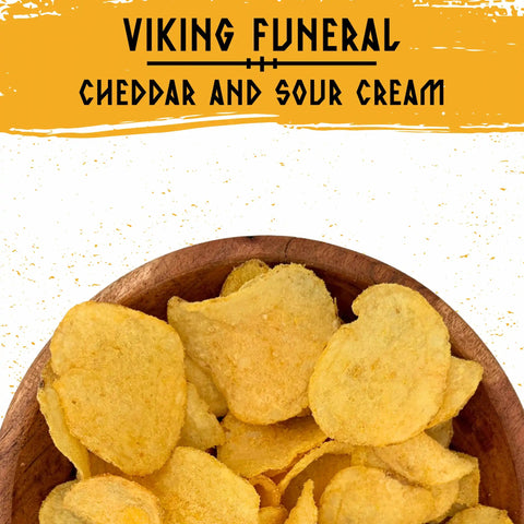 A bowl of savory, crunchy, Norse Roots Viking Funeral beef tallow potato chips that have a cheddar and sour cream flavor.