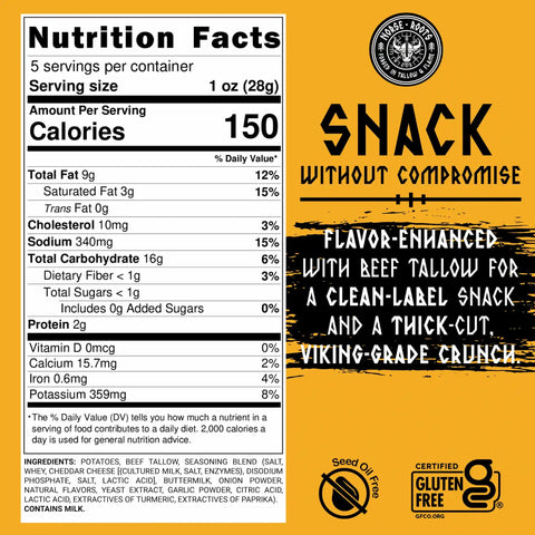 A nutrition label for Norse Roots Viking Funeral cheddar & sour cream beef tallow chips that are 150 calories for a 1oz serving, listed on a bright yellow highlight chart that reads "Snack without compromise | flavor-enhanced with beef tallow for a clean label snack and a thick-cut viking-grade crunch.