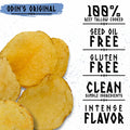 A colorful highlight chart for Norse Roots sea salt beef tallow potato chips that reads "100% beef tallow cooked, seed oil free, gluten free, clean simple ingredients, intense flavor"