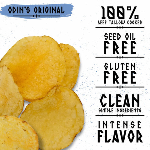 A colorful highlight chart for Norse Roots sea salt beef tallow potato chips that reads "100% beef tallow cooked, seed oil free, gluten free, clean simple ingredients, intense flavor"