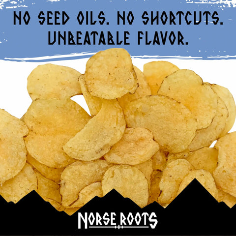 A pile of seasoned Norse Roots potato chips with salt, set against a graphic background with a blue top banner reading 'NO SEED OILS. NO SHORTCUTS. UNBEATABLE FLAVOR.'