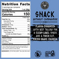 A nutrition label for Norse Roots sea salt beef tallow chips that are 150 calories for a 1oz serving, listed on a bright blue highlight chart that reads "Snack without compromise | flavor-enhanced with beef tallow for a clean label snack and a thick-cut viking-grade crunch.