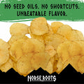 A pile of Norse Roots rosemary steak beef tallow chips, set against a graphic background with a green top banner reading 'NO SEED OILS. NO SHORTCUTS. UNBEATABLE FLAVOR.'