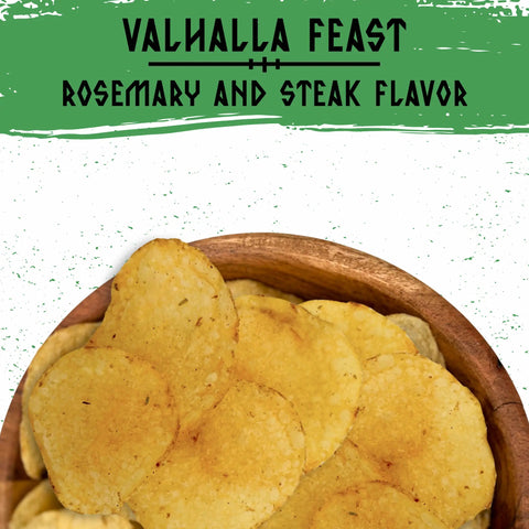 A bowl of savory, crunchy, Norse Roots Valhalla Feast beef tallow potato chips that have a rosemary and steak flavor.